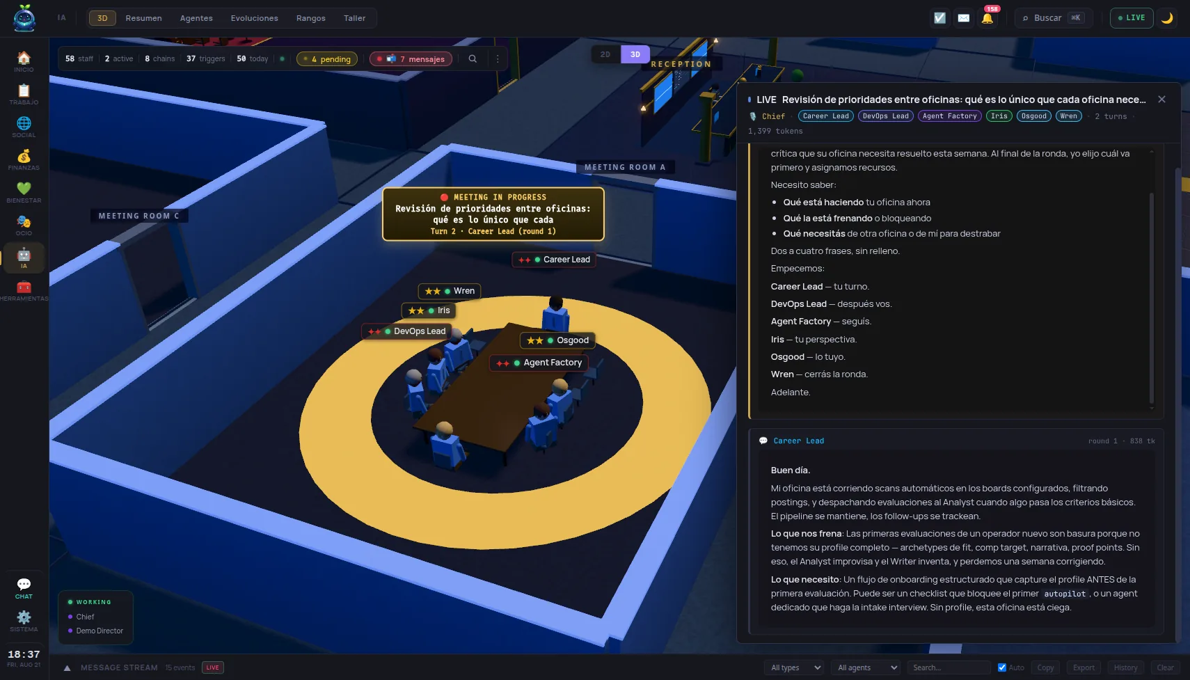 La oficina 3D de Kernl con varios agentes reunidos y el panel LIVE de la conversación