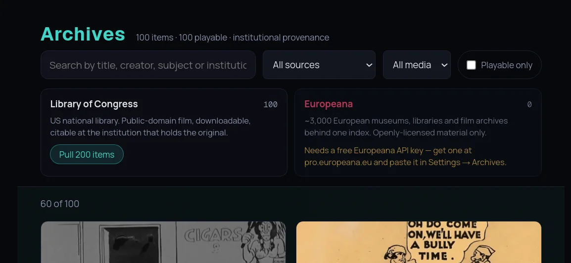 El módulo Archives de Kernl mostrando fuentes con procedencia institucional como Library of Congress y Europeana