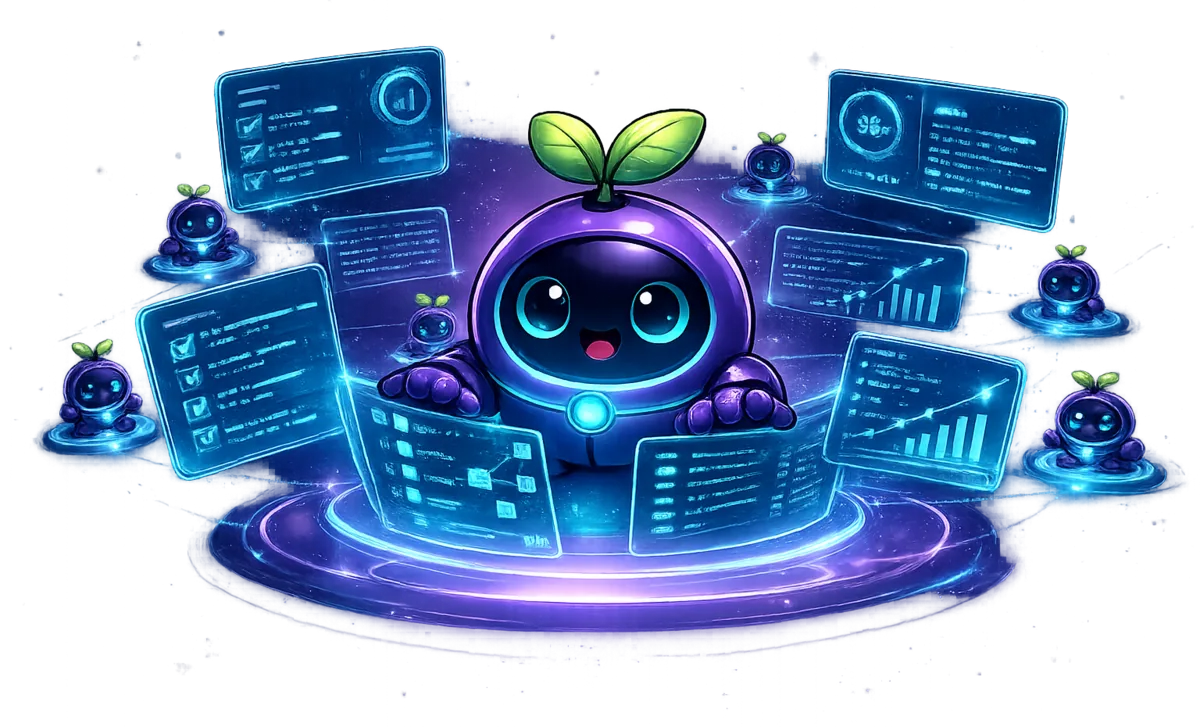 Ilustración de Kernl: la mascota rodeada de paneles holográficos de datos