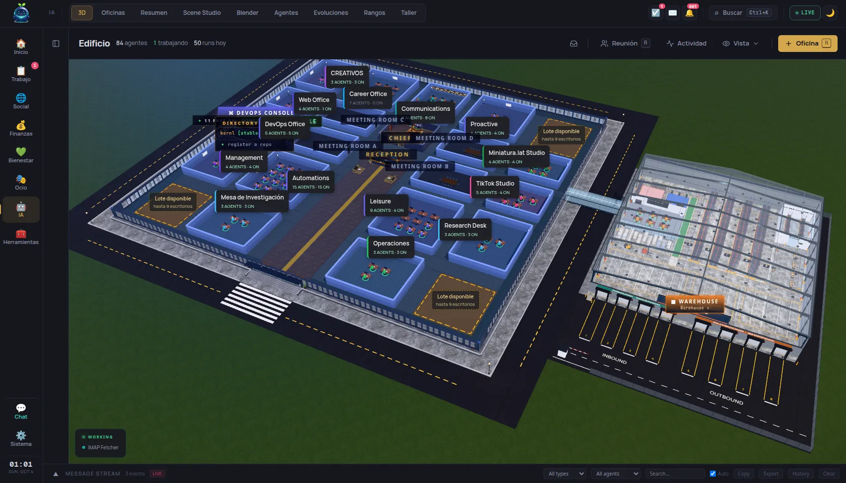 El mundo 3D de Kernl con las oficinas en lotes fijos, carteles de lote disponible y un edificio Warehouse aportado por una extensión